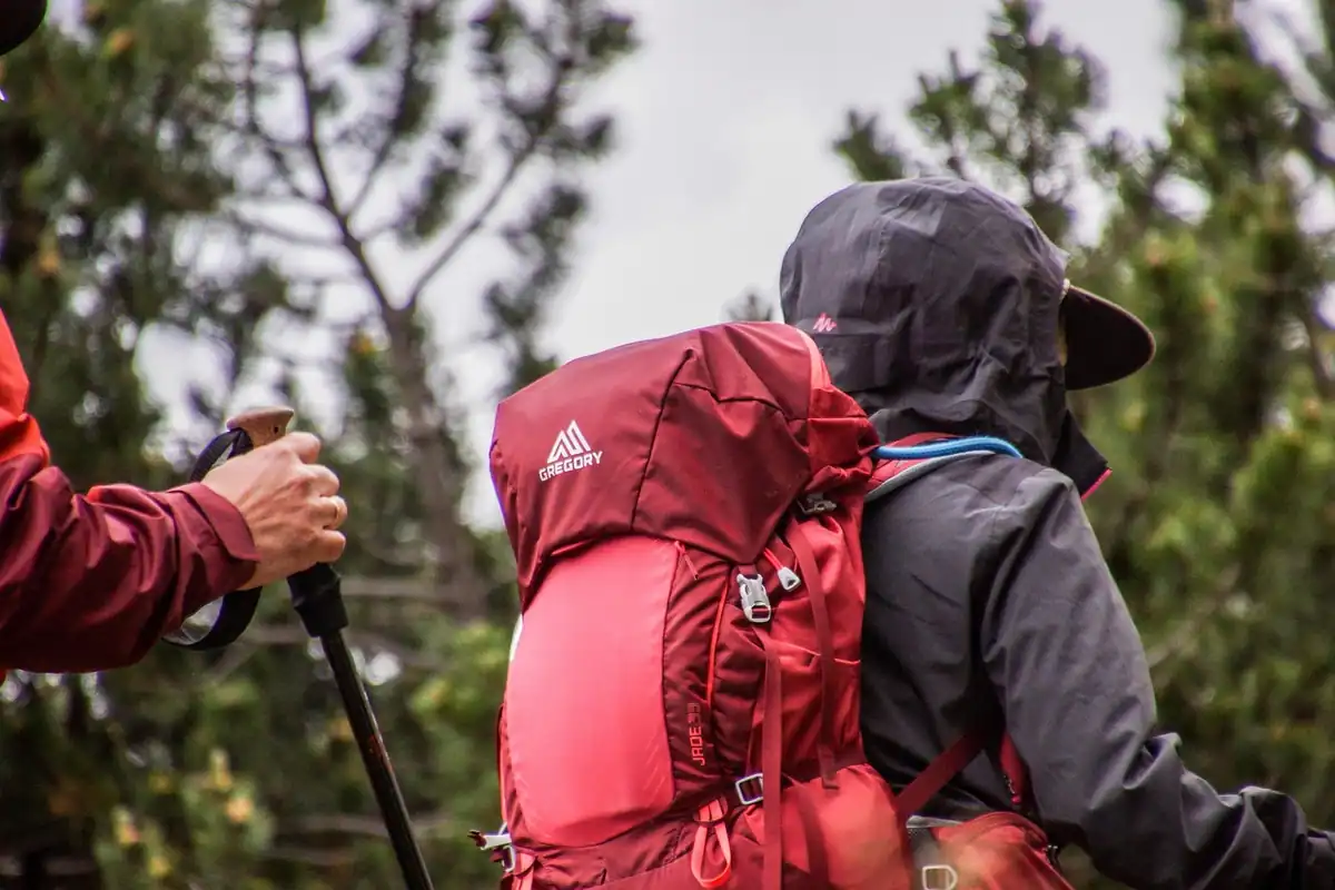 Drumeț cu rucsac și bețe de trekking coborând o potecă de munte vara, cu piscuri alpine în depărtare