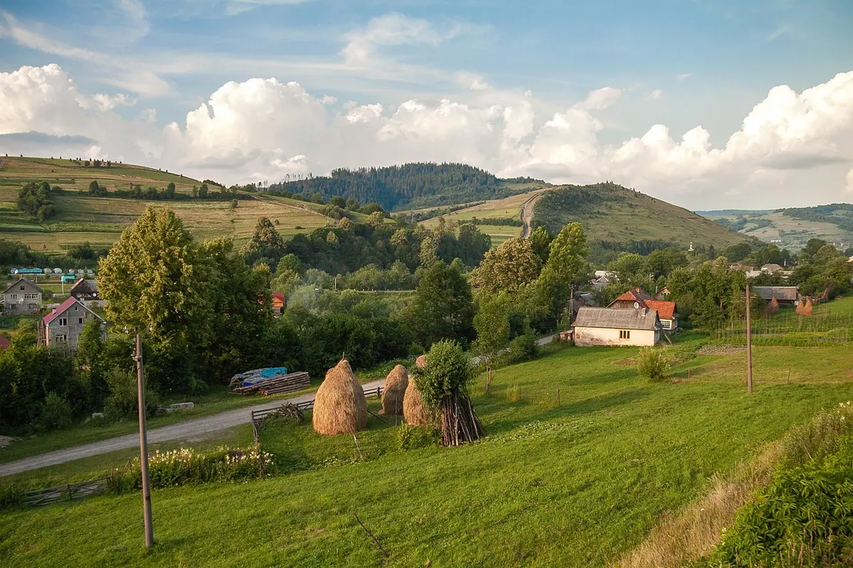 Dealuri verzi cu căpițe de fân și case răzlețe în zona rurală a Bucovinei